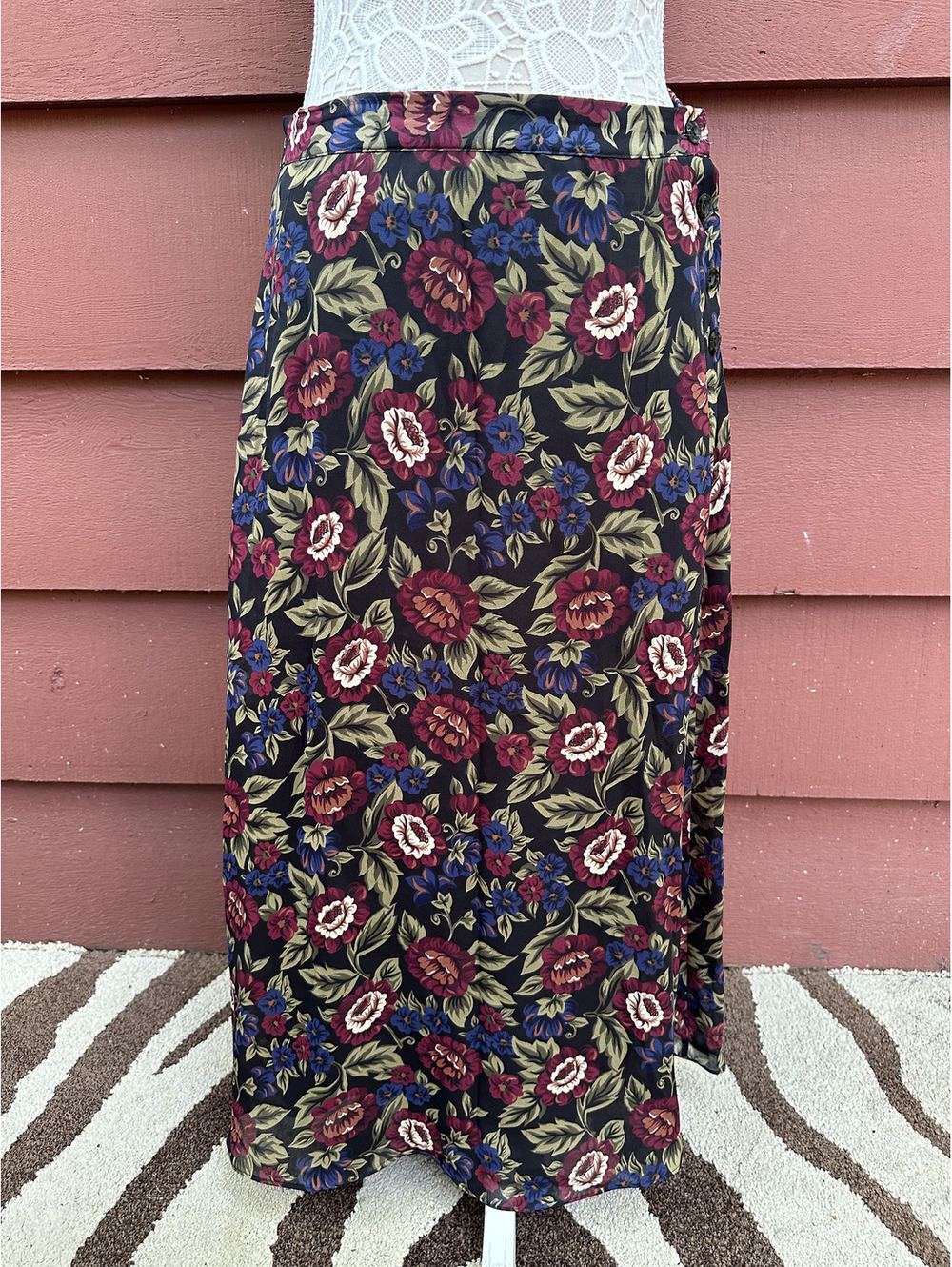 Sag Harbor Floral Midi Skirt Boho Vintage Inspired Dark Background Burgundy Blue